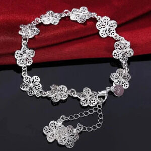 925 Sterling Silver Flat Flower Dangle Charm Bracelet